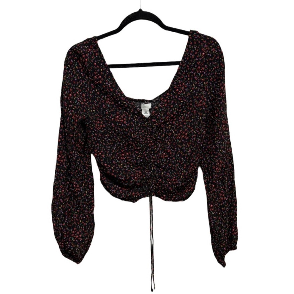 H&M Drawstring Crepe Black Floral Long Sleeve Crop Top Size Medium Blouse